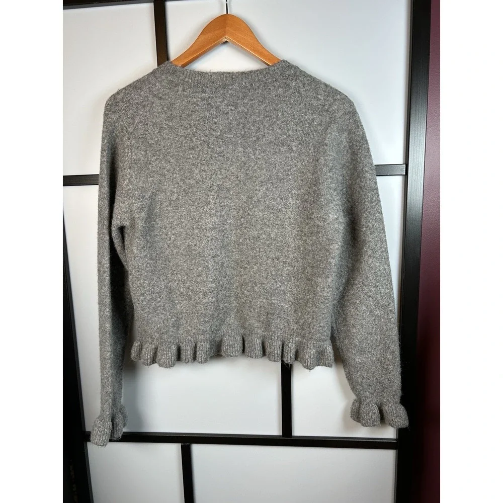 Zara Gray Button Up Frill Cardigan Sweater Women's Medium Wool Blend - Picture 2 of 9